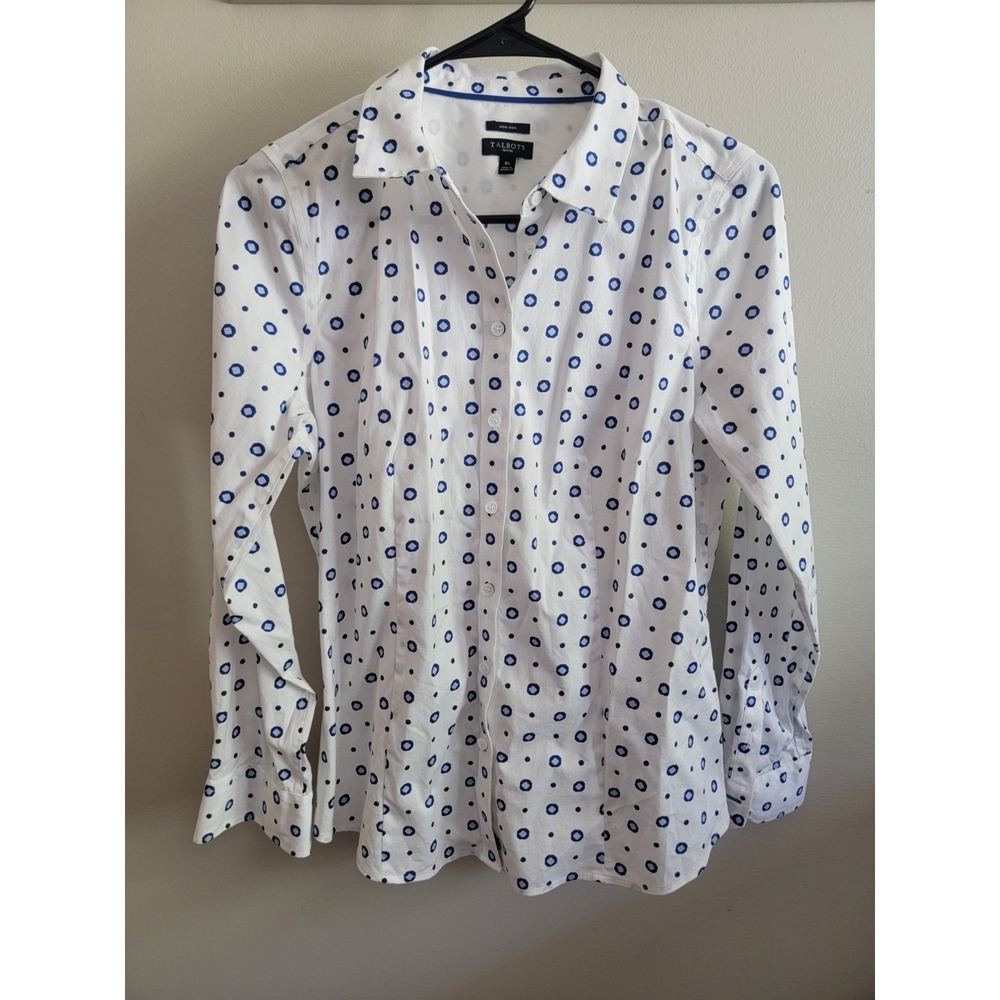 Talbots 8P Petite L/S Blue White Non Iron Polka Dot Geometric Pattern Classic